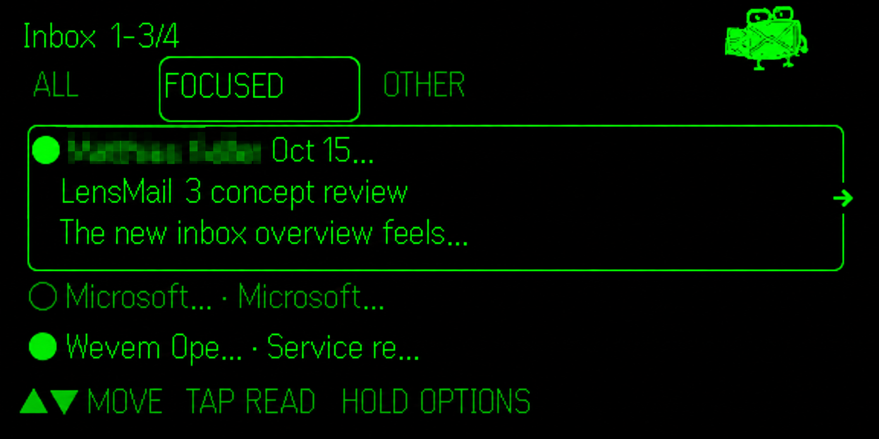 LensMail 3 Focused Inbox with a selected message preview, navigation arrow, and Speccy