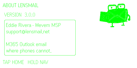 LensMail 3 About screen with Speccy, author, support address, and version 3.0.0